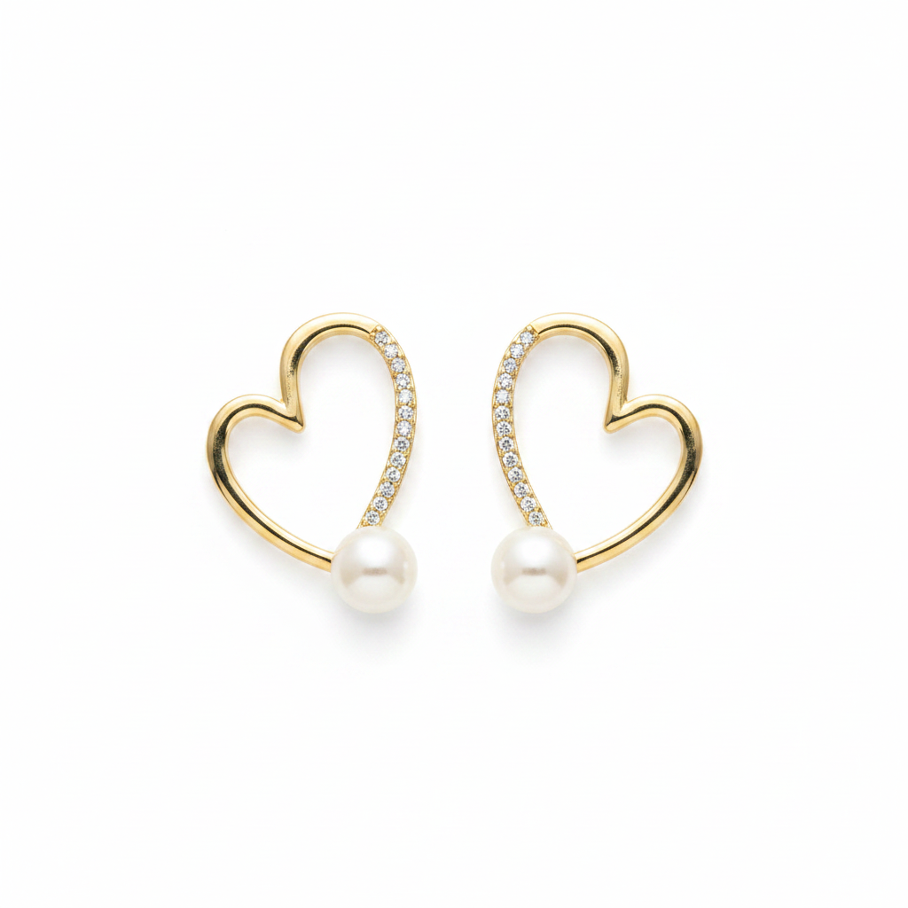 Pendientes corazón bañados en oro con perla