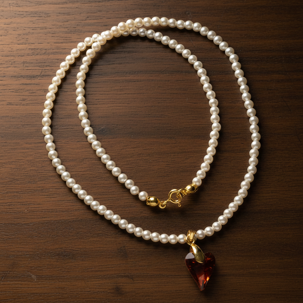 Collar de perlas con colgante corazón sobre madera de nogal